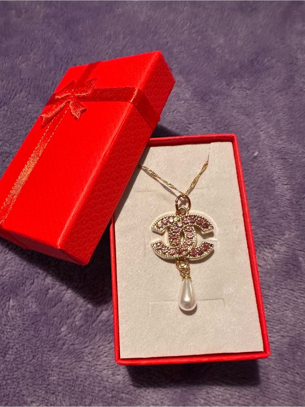 Gold-Tone Logo Pendant Necklace with Pink Crystals and Pearl Drop